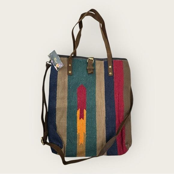 Raj | Handwoven Striped Tote Bag with Leather Straps | Multi Color - Picture 3 of 11